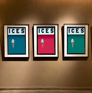 Set of three photographs by Richard Heeps.  Three identical photographs (apart from the block colour), at the top black letters spell out ICES and below is depicted a 99 icecream cone sitting left of centre set against, in turn, a blue teal, raspberry and deep green teal coloured background.  