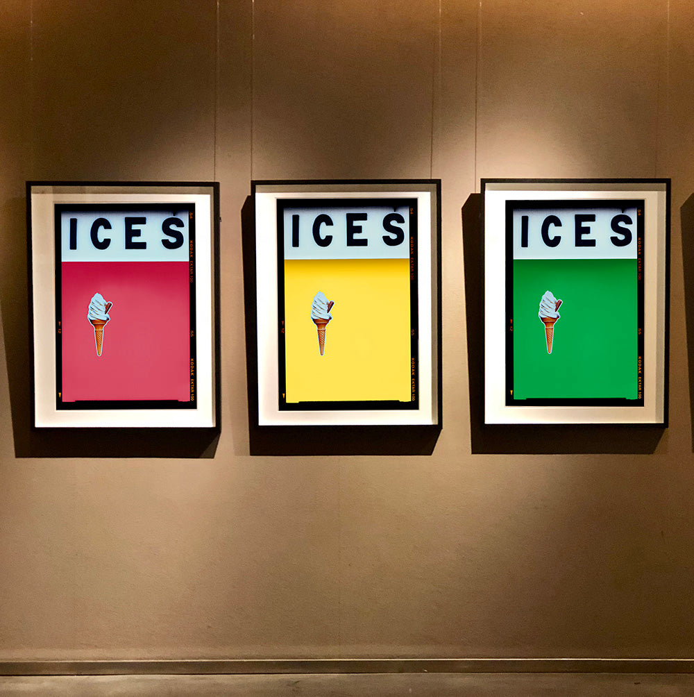 Set of three photographs by Richard Heeps.  Three identical photographs (apart from the block colour), at the top black letters spell out ICES and below is depicted a 99 icecream cone sitting left of centre set against, in turn, a coral, sherbert yellow and green coloured background.  