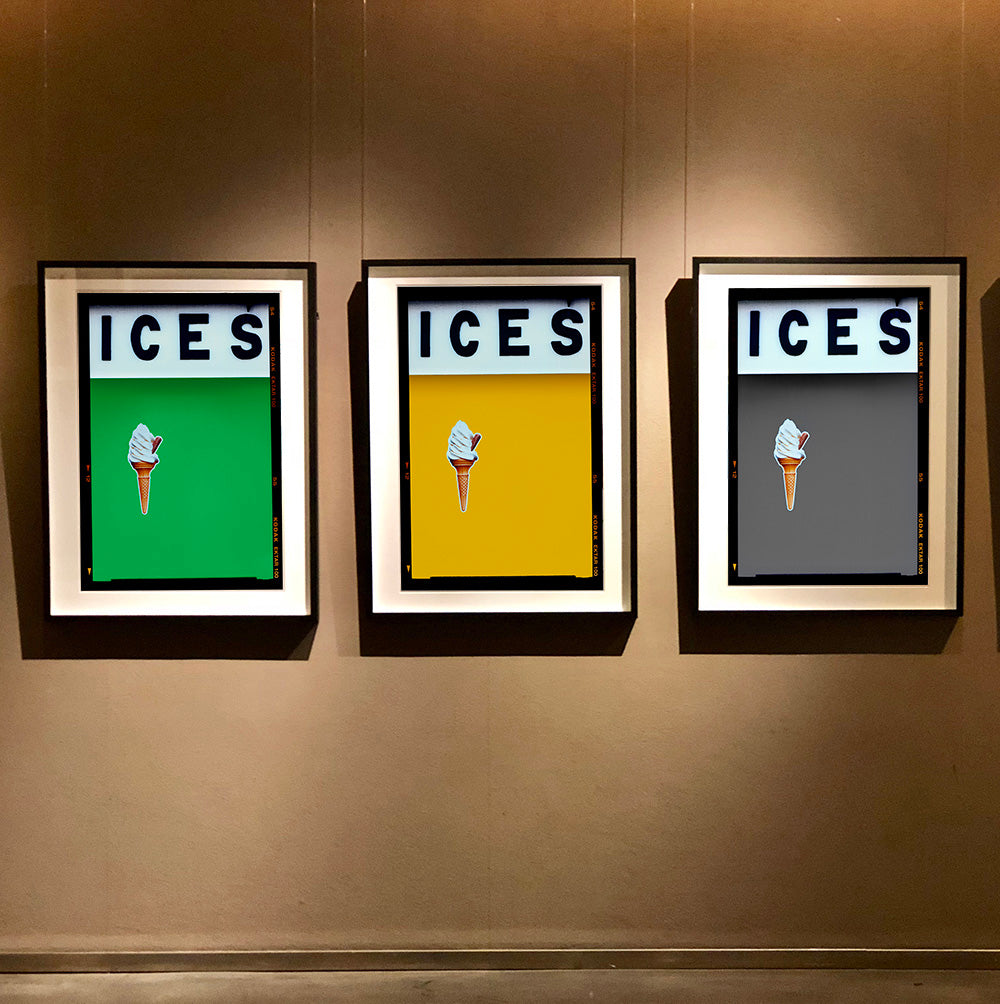 Set of three photographs by Richard Heeps.  Three identical photographs (apart from the block colour), at the top black letters spell out ICES and below is depicted a 99 icecream cone sitting left of centre set against, in turn, a green, mustard and grey coloured background.  