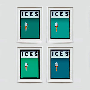 Set of four (2x2) white framed photographs by Richard Heeps.  Four identical photographs (apart from the block colour), at the top black letters spell out ICES and below is depicted a 99 icecream cone sitting left of centre set against, in turn, a deep green teal, turquoise teal, mint and blue teal coloured background.  