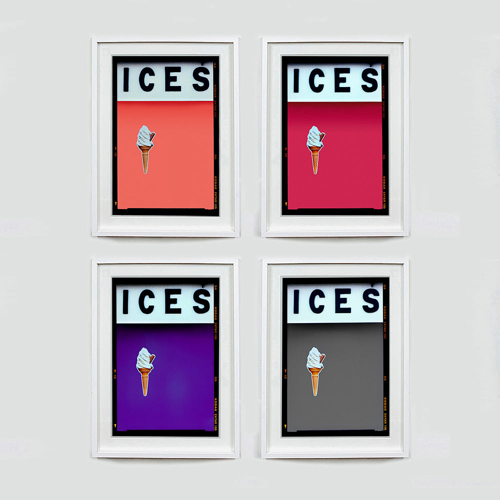 Set of four (2x2) white framed photographs by Richard Heeps.  Four identical photographs (apart from the block colour), at the top black letters spell out ICES and below is depicted a 99 icecream cone sitting left of centre set against, in turn, a melondrama, raspberry, purple and grey coloured background.  