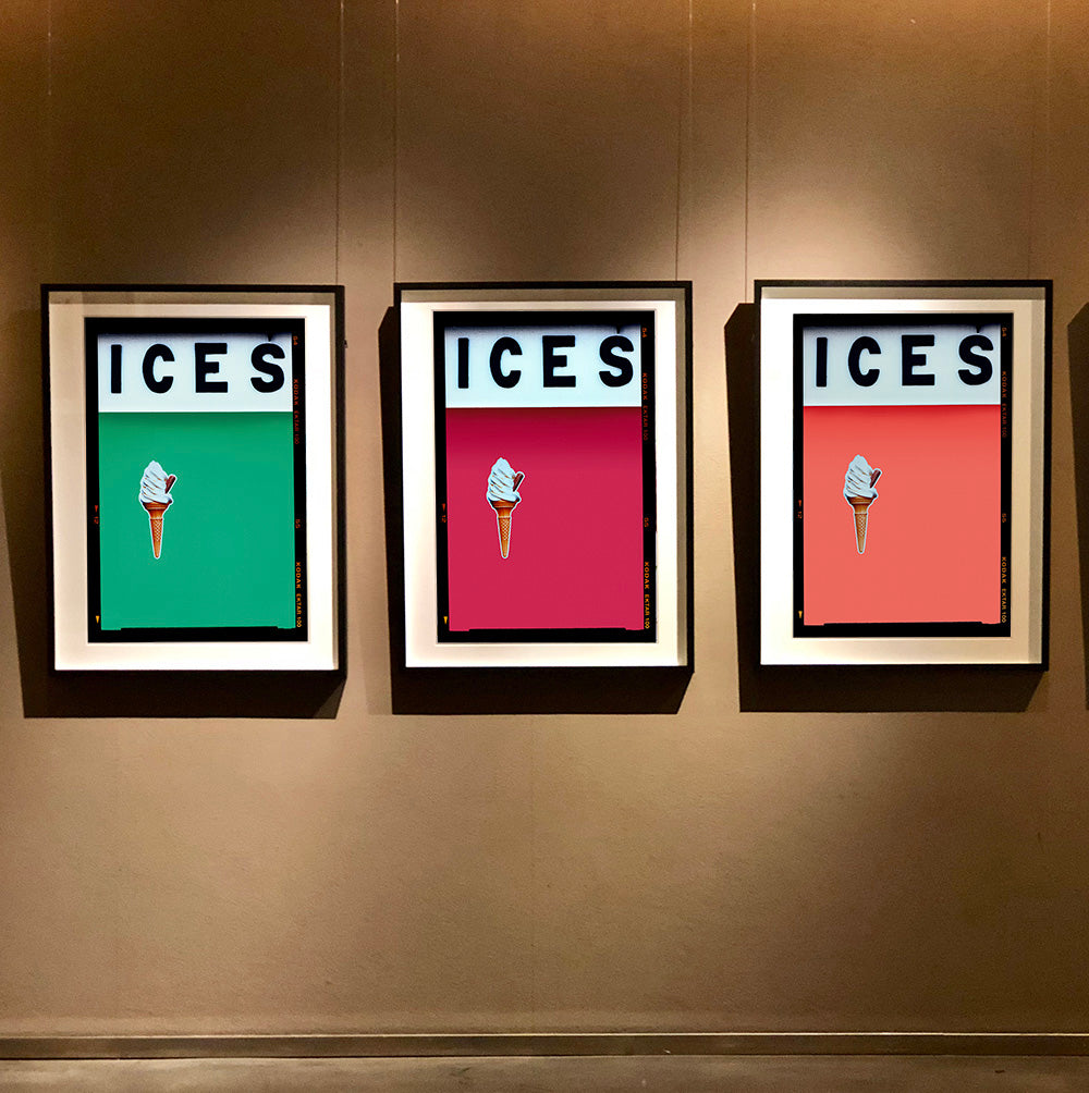 Set of three photographs by Richard Heeps.  Three identical photographs (apart from the block colour), at the top black letters spell out ICES and below is depicted a 99 icecream cone sitting left of centre set against, in turn, a viridan green, raspberry and melondrama coloured backgrounds.  