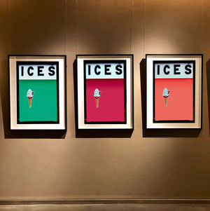 Set of three photographs by Richard Heeps.  Three identical photographs (apart from the block colour), at the top black letters spell out ICES and below is depicted a 99 icecream cone sitting left of centre set against, in turn, a viridan green, raspberry and melondrama coloured backgrounds.  