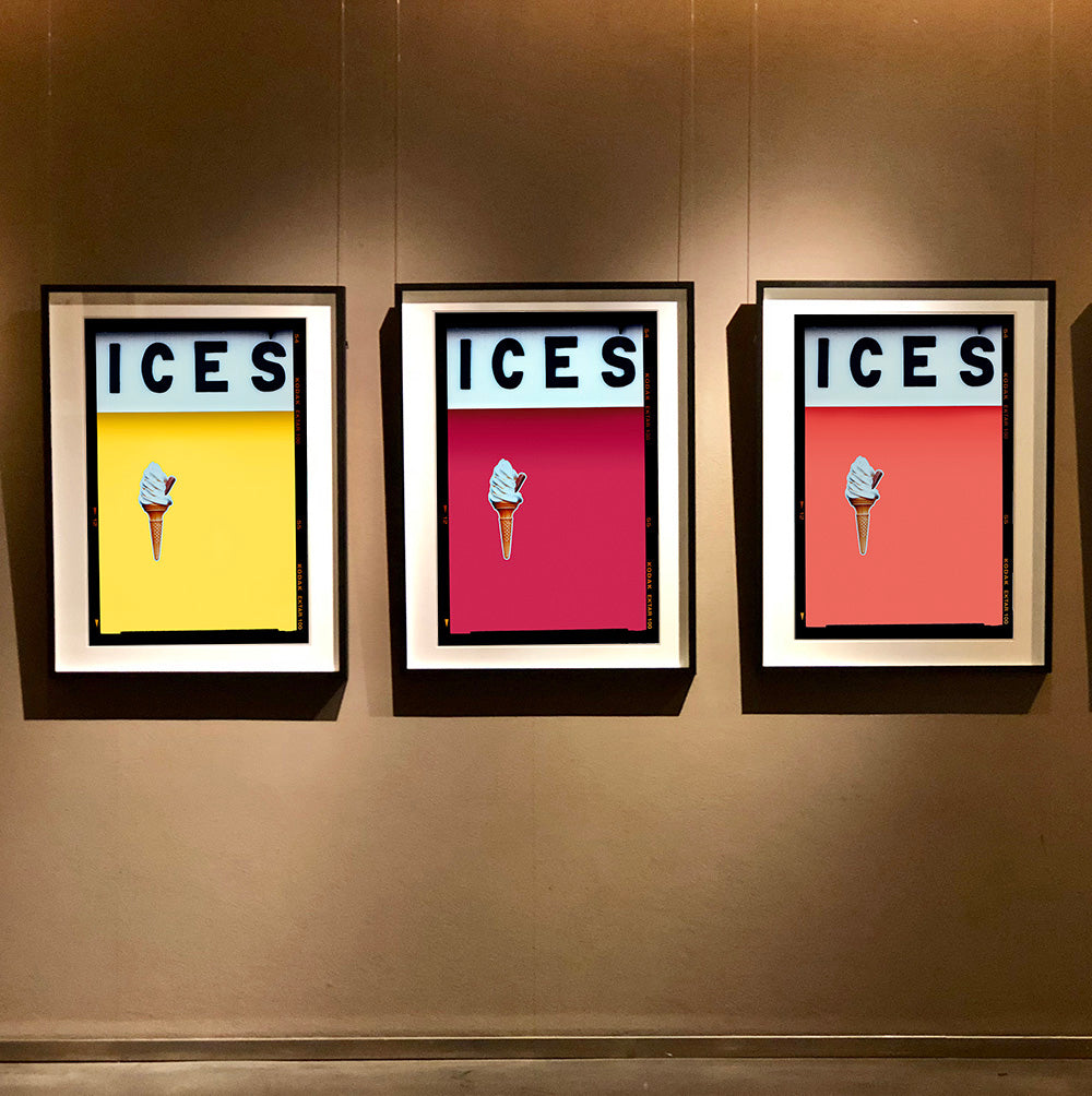 Set of three photographs by Richard Heeps.  Three identical photographs (apart from the block colour), at the top black letters spell out ICES and below is depicted a 99 icecream cone sitting left of centre set against, in turn, a sherbert yellow, raspberry and melondrama coloured background.  
