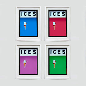 Set of four (2x2) white framed photographs by Richard Heeps.  Four identical photographs (apart from the block colour), at the top black letters spell out ICES and below is depicted a 99 icecream cone sitting left of centre set against, in turn, a sky blue, raspberry, plum and green coloured background.  