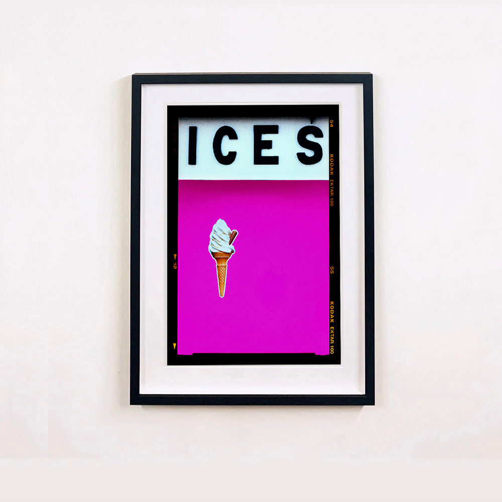 Black framed photograph by Richard Heeps. Pink typography print of an ice cream on pink colour blocking with the Kodak film rebate.