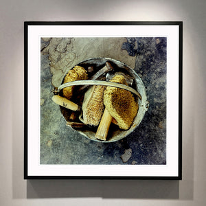 Black framed photograph by Richard Heeps. A bucket with sponges, brushes and wooden handled tools sit in a bucket on a cracked cement floor.