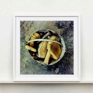 White framed photograph by Richard Heeps. A bucket with sponges, brushes and wooden handled tools sit in a bucket on a cracked cement floor.