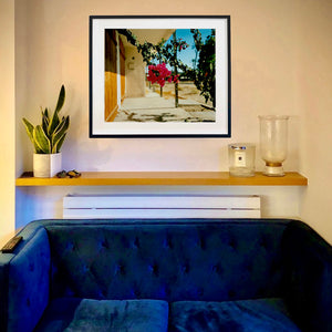 Black framed photograph by photographer, Richard Heeps. In situ photograph which is of a flowering bougainvillea hanging outside a motel entrance.