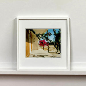 White framed photograph by Richard Heeps. A flowering bougainvillea hangs outside a motel entrance.