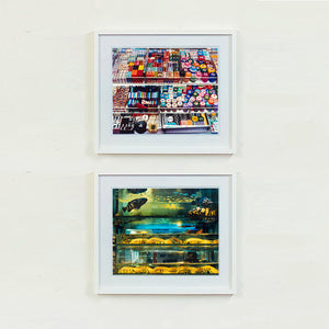 Two white framed photographs by Richard Heeps. The top photograph is of three compartmentalised shop shelves, each compartment has coloured plastic dice, counters, circular containers, cards, poker chips, and other plastic type games items. The bottom photograph is exotic fish in a wet market in Kowloon.