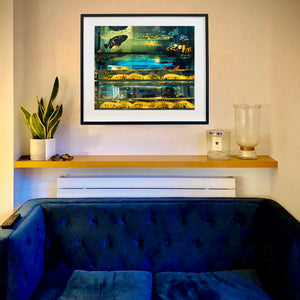 In situ black framed photograph by Richard Heeps. Wet market fish tank filled with blue green and yellow fish, in a Hong Kong street.