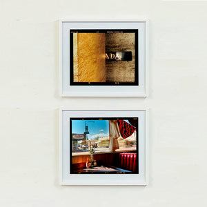 White framed photographs by Richard Heeps. The top photograph shows brown flecked marble walls in different tones. In the middle is half a brown plaque with golden letters showing half an A, followed by a D and an A. The bottom photograph is inside an American diner, with red seats, looking out towards a small town with a big blue sky.