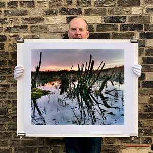 Photograph held by photographer Richard Heeps. Photograph of cut down, lichen clad branches poking out of the flooded fen field. The branches are strikingly dark and create dark reflections with a golden sunset in the background.