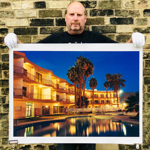 Richard Heeps holding La Concha Motel Pool Las Vegas American architecture colour photography print.
