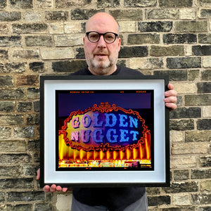 Golden Nugget Norfolk British seaside arcade sign photograph by Richard Heeps holding in a black frame.