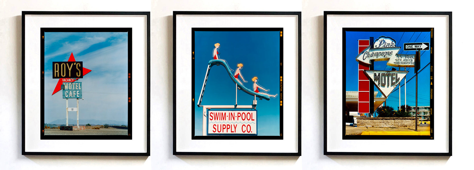 Roy's Motel, Swim-in-Pool Supply Co. Pink Champagne Motel Set of Three Framed Artworks