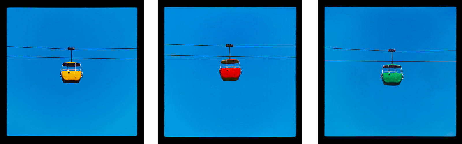 Set of Three Summit Cable Cars Yellow Red Green, Great Orme, Llandudno, 2023