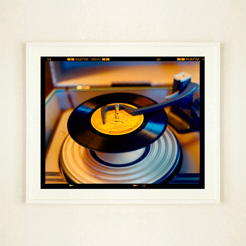 Vintage record player interior photograph from Richard Heeps Dream in Colour series in a large white frame.