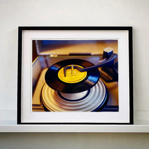 Vintage record player interior photograph from Richard Heeps Dream in Colour series in a black frame.