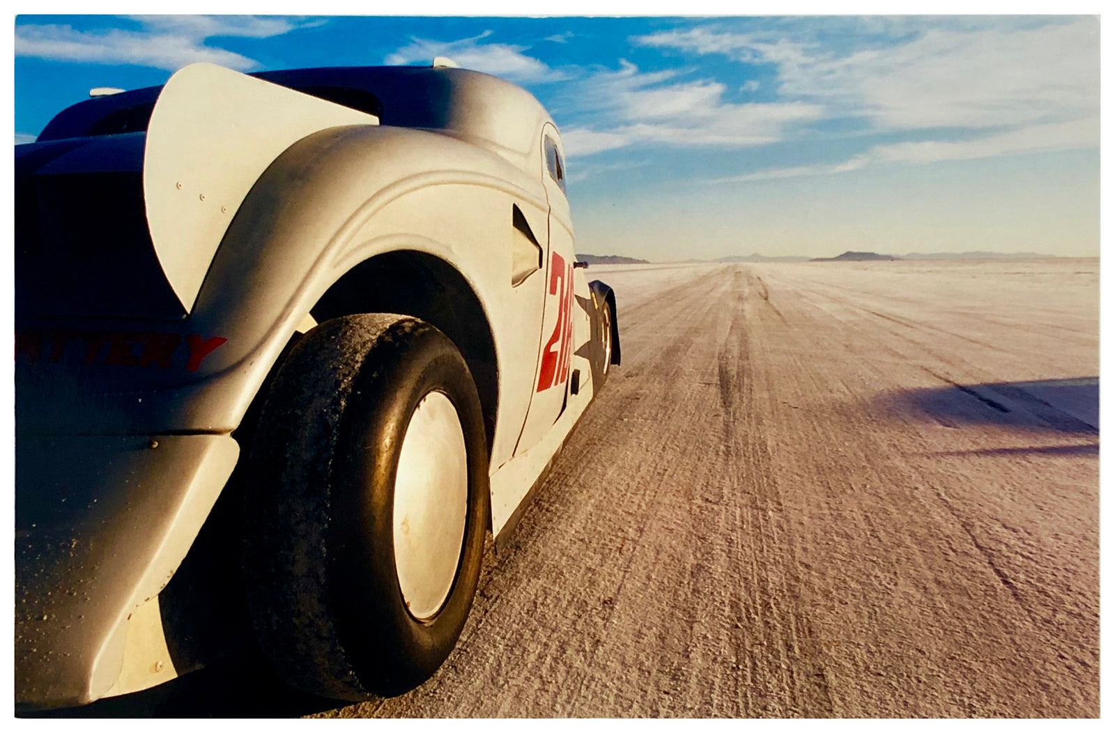 Tom Thumb Special from the rear of the car looking out across Bonneville Salt Flats photograph by Richard Heeps.
