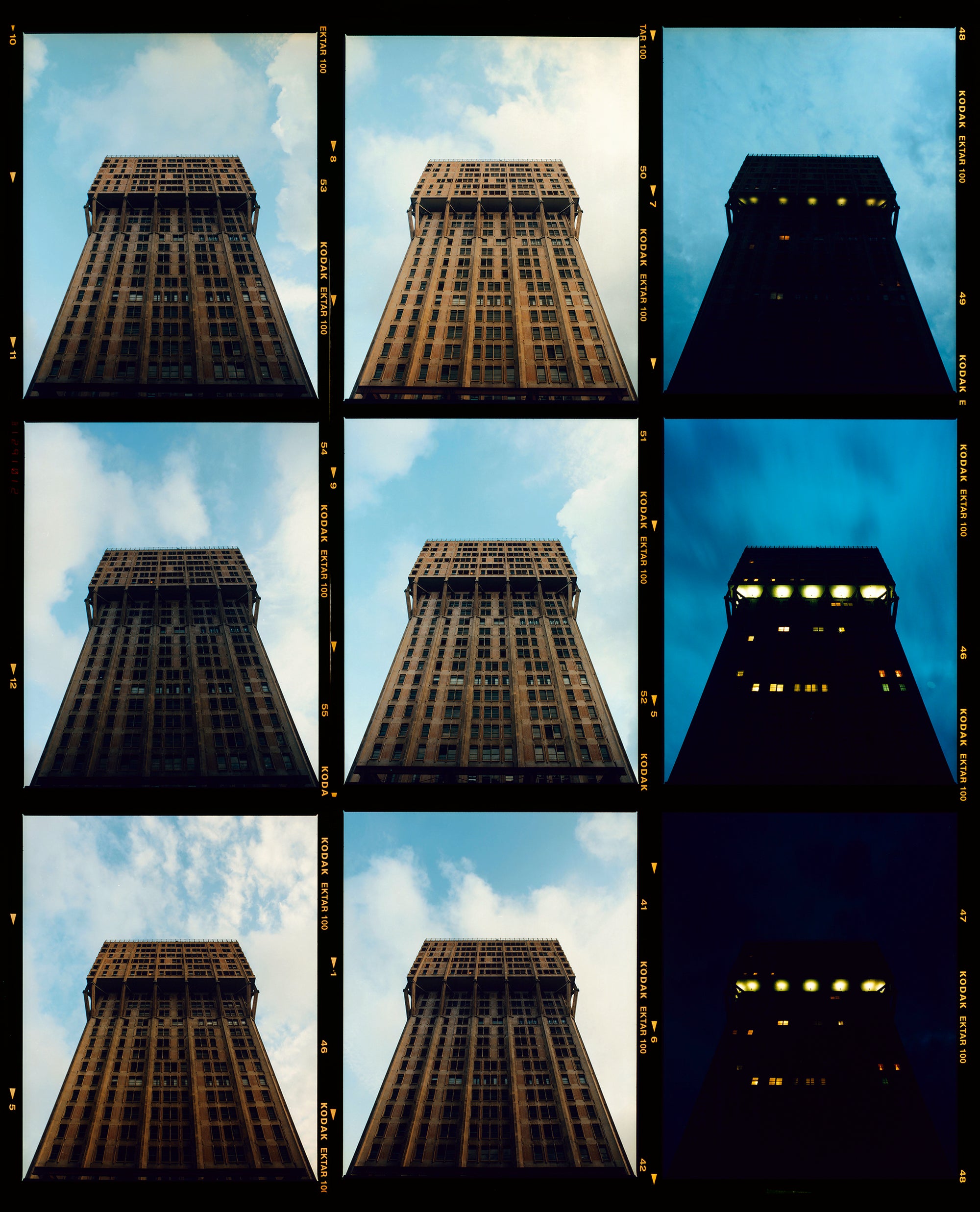 Photograph by Richard Heeps. The 1950s skyscraper, the Torre Valesca, is photographed throughout the day. Captured in the same position 9 times during the day, moving from top left, morning, to bottom right, night.