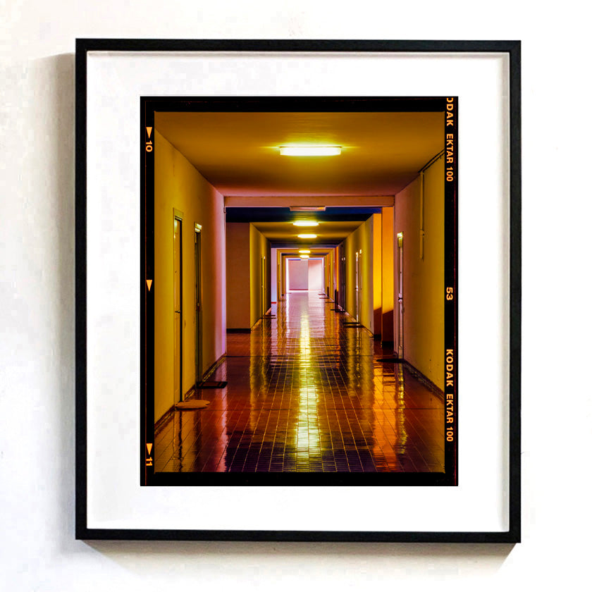 Recently sold artwork Utopian Corridor Italian Brutalist architecture interior photograph framed in black by Richard Heeps.