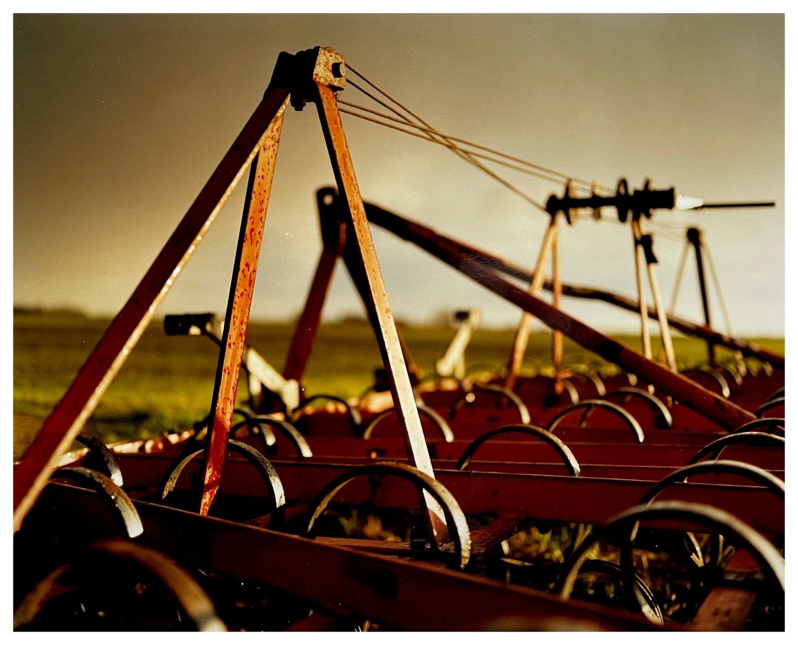 Photograph by Richard Heeps.  A plough sits in the middle of a fen field in the sunrise.