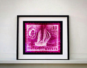 10 cents QEII Ship Series (Magenta). These historic postage stamps that make up the Heidler & Heeps Stamp Collection, Singapore Series “Postcards from Afar” have been given a twenty-first century pop art lease of life. The fine detailed tapestry of the original small postage stamp has been brought to life, made unique by the franking stamp and Heidler & Heeps specialist darkroom process.