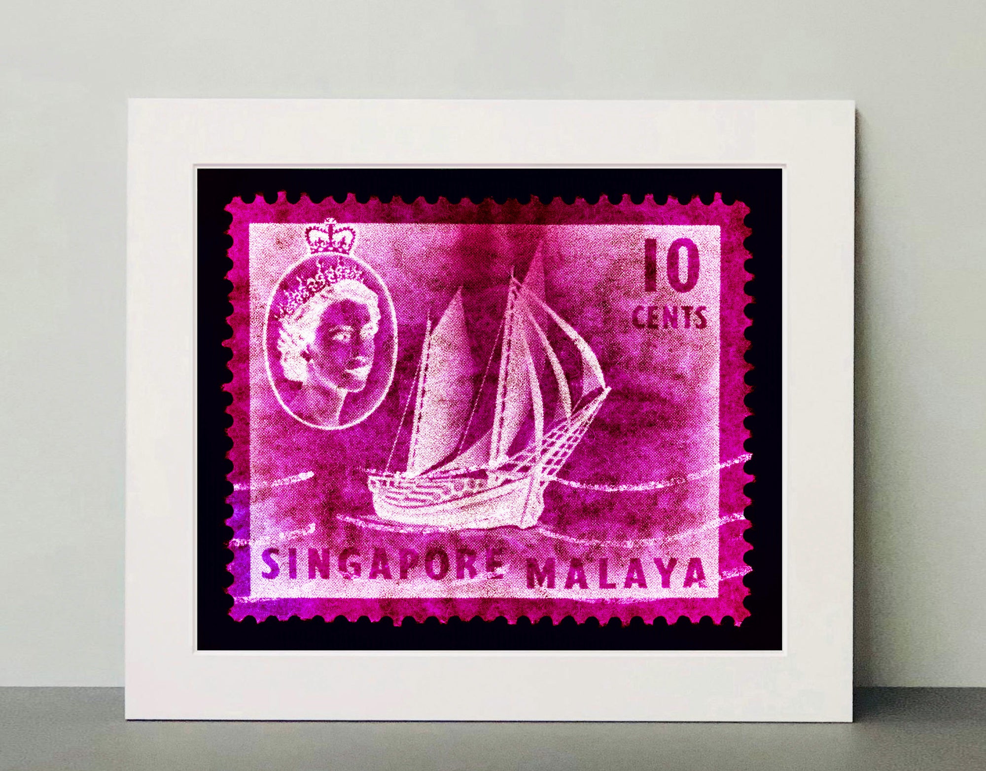 10 cents QEII Ship Series (Magenta). These historic postage stamps that make up the Heidler & Heeps Stamp Collection, Singapore Series “Postcards from Afar” have been given a twenty-first century pop art lease of life. The fine detailed tapestry of the original small postage stamp has been brought to life, made unique by the franking stamp and Heidler & Heeps specialist darkroom process.