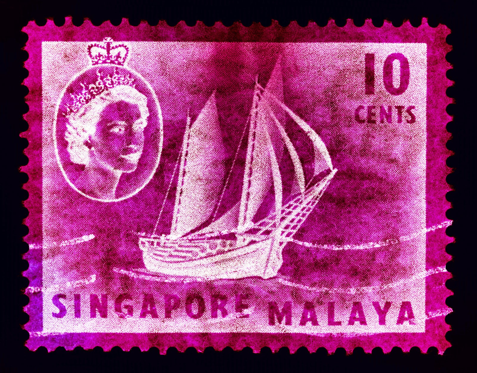 10 cents QEII Ship Series (Magenta). These historic postage stamps that make up the Heidler & Heeps Stamp Collection, Singapore Series “Postcards from Afar” have been given a twenty-first century pop art lease of life. The fine detailed tapestry of the original small postage stamp has been brought to life, made unique by the franking stamp and Heidler & Heeps specialist darkroom process.