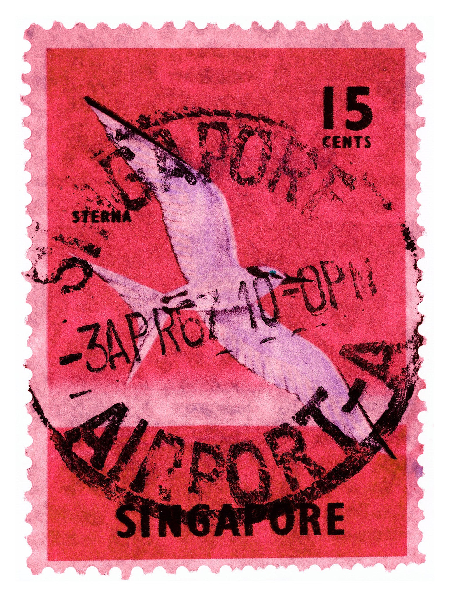 Singapore Stamp Collection '15 cents Singapore Sterna Stamp' (Pink). These historic postage stamps that make up the Heidler & Heeps Stamp Collection, Singapore Series 'Postcards from Afar' have been given a twenty-first century pop art lease of life. The fine detailed tapestry of the original small postage stamp has been brought to life, made unique by the franking stamp and Heidler & Heeps specialist darkroom process.