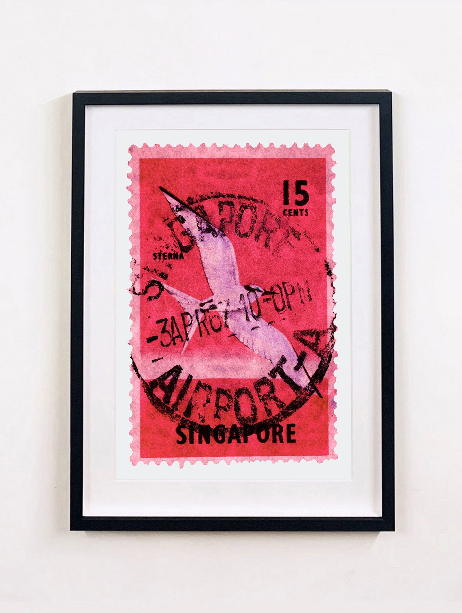 Singapore Stamp Collection '15 cents Singapore Sterna Stamp' (Pink). These historic postage stamps that make up the Heidler & Heeps Stamp Collection, Singapore Series 'Postcards from Afar' have been given a twenty-first century pop art lease of life. The fine detailed tapestry of the original small postage stamp has been brought to life, made unique by the franking stamp and Heidler & Heeps specialist darkroom process.