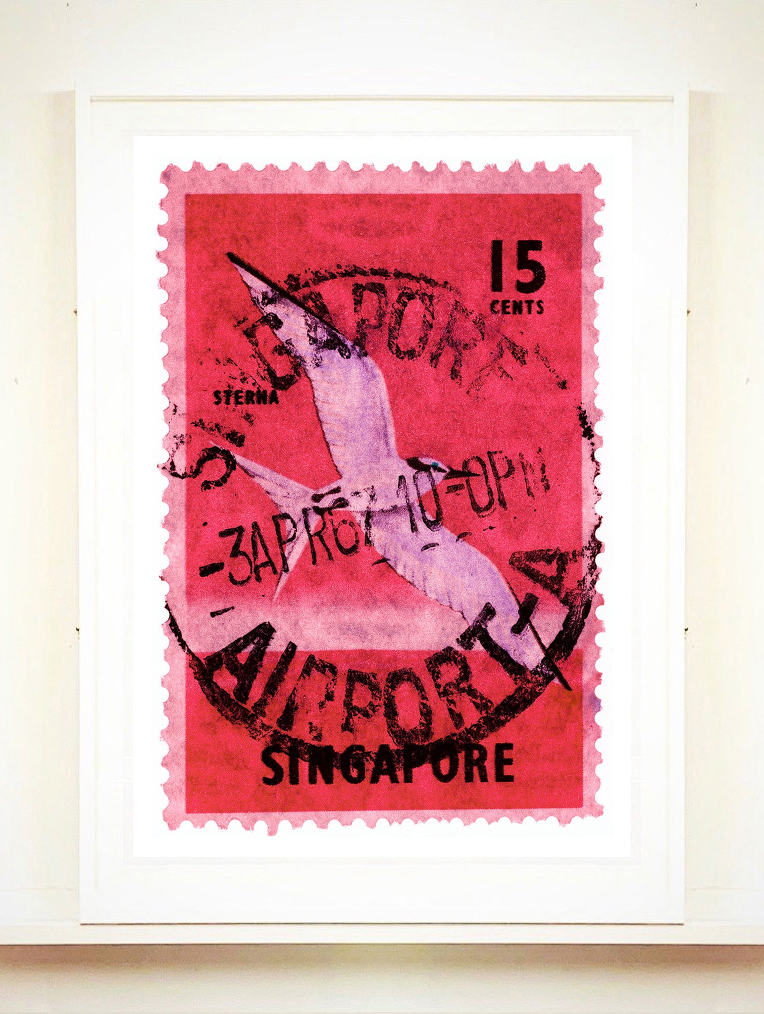 Singapore Stamp Collection '15 cents Singapore Sterna Stamp' (Pink). These historic postage stamps that make up the Heidler & Heeps Stamp Collection, Singapore Series 'Postcards from Afar' have been given a twenty-first century pop art lease of life. The fine detailed tapestry of the original small postage stamp has been brought to life, made unique by the franking stamp and Heidler & Heeps specialist darkroom process.