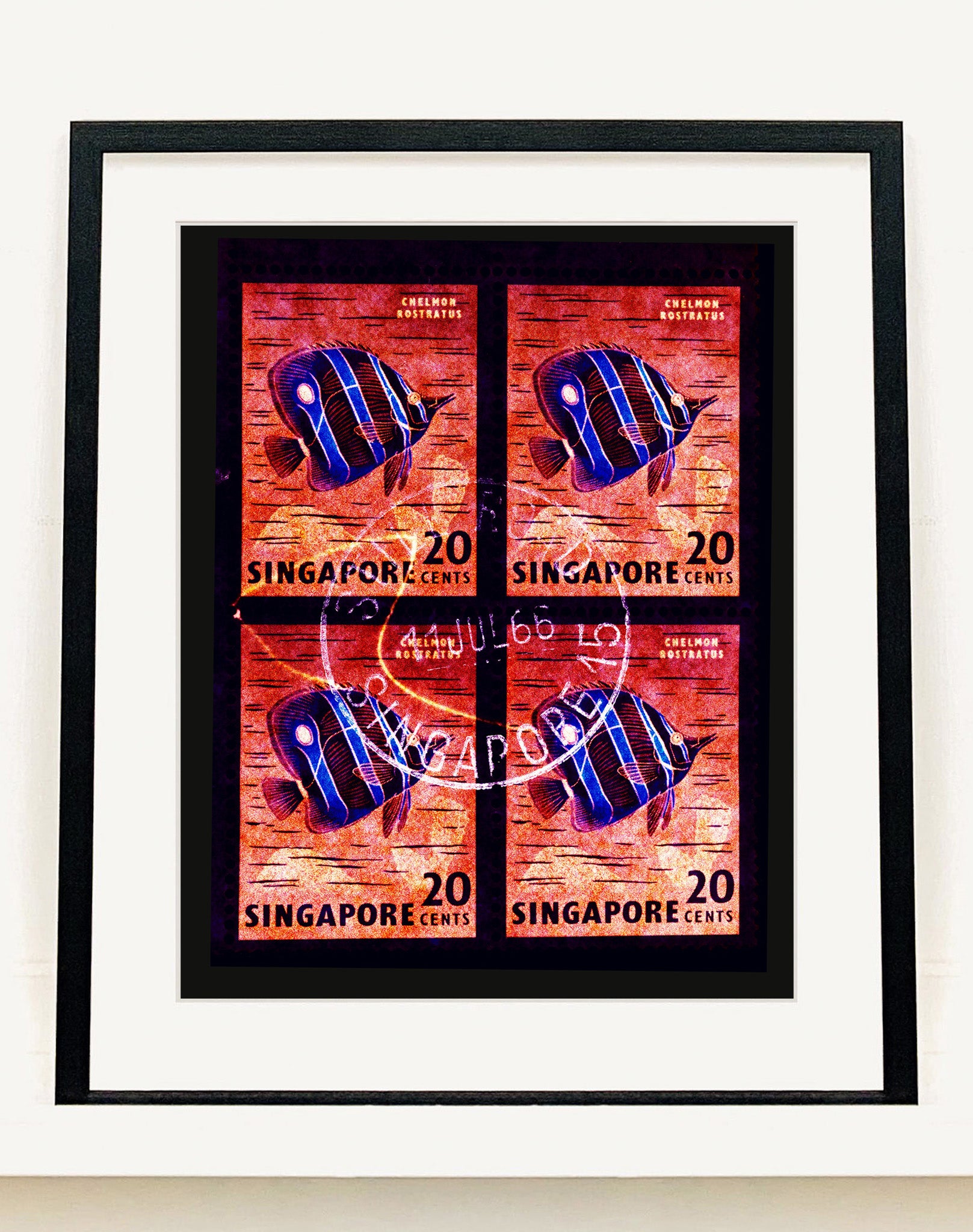 20 Cents Singapore Butterfly Fish from Heidler & Heeps Stamp Collection, Singapore Series "Postcards from Afar". The fine detailed tapestry of the original small postage stamp has been brought to life, made unique by the franking stamp and Heidler & Heeps specialist darkroom process. 