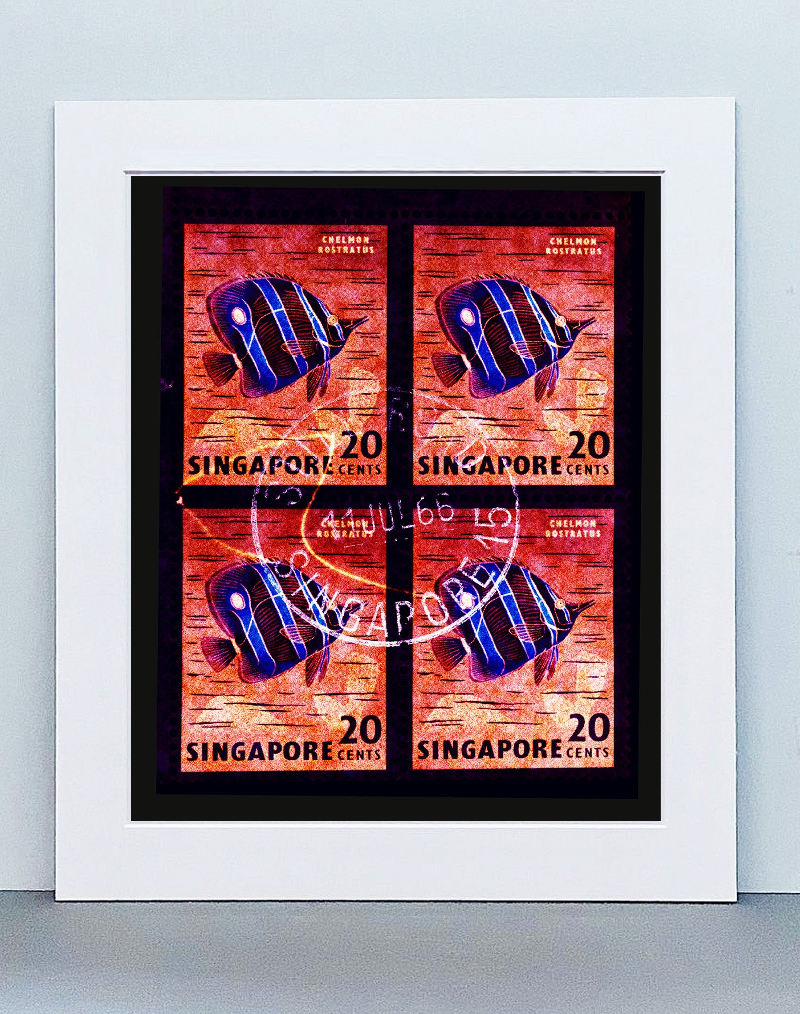 20 Cents Singapore Butterfly Fish from Heidler & Heeps Stamp Collection, Singapore Series "Postcards from Afar". The fine detailed tapestry of the original small postage stamp has been brought to life, made unique by the franking stamp and Heidler & Heeps specialist darkroom process. 