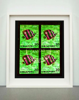Singapore Stamp Collection '20 Cents Singapore Butterfly Fish' (Green). These historic postage stamps that make up the Heidler & Heeps Stamp Collection, Singapore Series 'Postcards from Afar' have been given a twenty-first century pop art lease of life. The fine detailed tapestry of the original small postage stamp has been brought to life, made unique by the franking stamp and Heidler & Heeps specialist darkroom process.