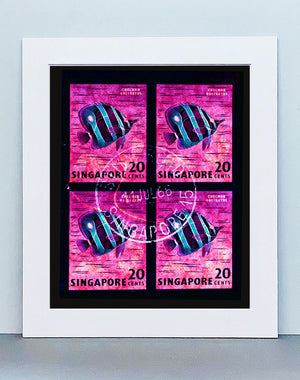 Singapore Stamp Collection '20 Cents Singapore Butterfly Fish' (Hot Pink). These historic postage stamps that make up the Heidler & Heeps Stamp Collection, Singapore Series 'Postcards from Afar' have been given a twenty-first century pop art lease of life. The fine detailed tapestry of the original small postage stamp has been brought to life, made unique by the franking stamp and Heidler & Heeps specialist darkroom process.