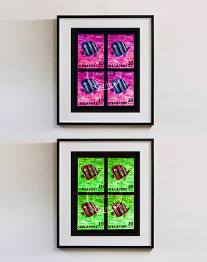 Singapore Stamp Collection '20 Cents Singapore Butterfly Fish' (Hot Pink). These historic postage stamps that make up the Heidler & Heeps Stamp Collection, Singapore Series 'Postcards from Afar' have been given a twenty-first century pop art lease of life. The fine detailed tapestry of the original small postage stamp has been brought to life, made unique by the franking stamp and Heidler & Heeps specialist darkroom process.