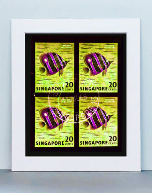 Singapore Stamp Collection '20 Cents Singapore Butterfly Fish' (Neon). These historic postage stamps that make up the Heidler & Heeps Stamp Collection, Singapore Series “Postcards from Afar” have been given a twenty-first century pop art lease of life. The fine detailed tapestry of the original small postage stamp has been brought to life, made unique by the franking stamp and Heidler & Heeps specialist darkroom process.