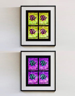 Singapore Stamp Collection '20 Cents Singapore Butterfly Fish' (Purple). These historic postage stamps that make up the Heidler & Heeps Stamp Collection, Singapore Series 'Postcards from Afar' have been given a twenty-first century pop art lease of life. The fine detailed tapestry of the original small postage stamp has been brought to life, made unique by the franking stamp and Heidler & Heeps specialist darkroom process.