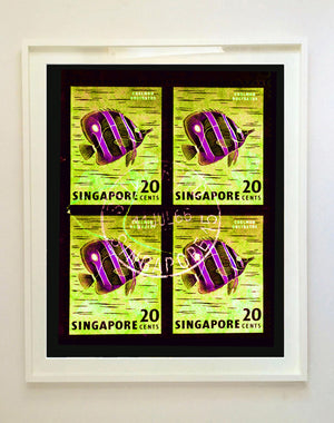 Singapore Stamp Collection '20 Cents Singapore Butterfly Fish' (Neon). These historic postage stamps that make up the Heidler & Heeps Stamp Collection, Singapore Series “Postcards from Afar” have been given a twenty-first century pop art lease of life. The fine detailed tapestry of the original small postage stamp has been brought to life, made unique by the franking stamp and Heidler & Heeps specialist darkroom process.