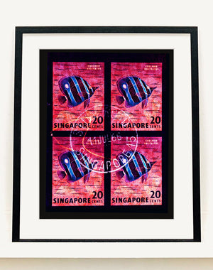 20 Cents Singapore Butterfly Fish (Pink). These historic postage stamps that make up the Heidler & Heeps Stamp Collection, Singapore Series “Postcards from Afar” have been given a twenty-first century pop art lease of life. The fine detailed tapestry of the original small postage stamp has been brought to life, made unique by the franking stamp and Heidler & Heeps specialist darkroom process.