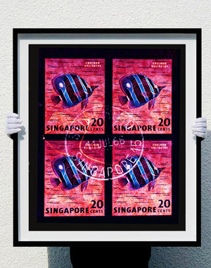20 Cents Singapore Butterfly Fish (Pink). These historic postage stamps that make up the Heidler & Heeps Stamp Collection, Singapore Series “Postcards from Afar” have been given a twenty-first century pop art lease of life. The fine detailed tapestry of the original small postage stamp has been brought to life, made unique by the franking stamp and Heidler & Heeps specialist darkroom process.