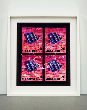 20 Cents Singapore Butterfly Fish (Pink). These historic postage stamps that make up the Heidler & Heeps Stamp Collection, Singapore Series “Postcards from Afar” have been given a twenty-first century pop art lease of life. The fine detailed tapestry of the original small postage stamp has been brought to life, made unique by the franking stamp and Heidler & Heeps specialist darkroom process.