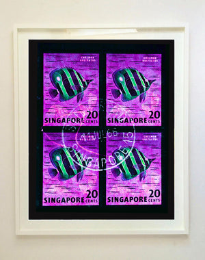 Singapore Stamp Collection '20 Cents Singapore Butterfly Fish' (Purple). These historic postage stamps that make up the Heidler & Heeps Stamp Collection, Singapore Series 'Postcards from Afar' have been given a twenty-first century pop art lease of life. The fine detailed tapestry of the original small postage stamp has been brought to life, made unique by the franking stamp and Heidler & Heeps specialist darkroom process.