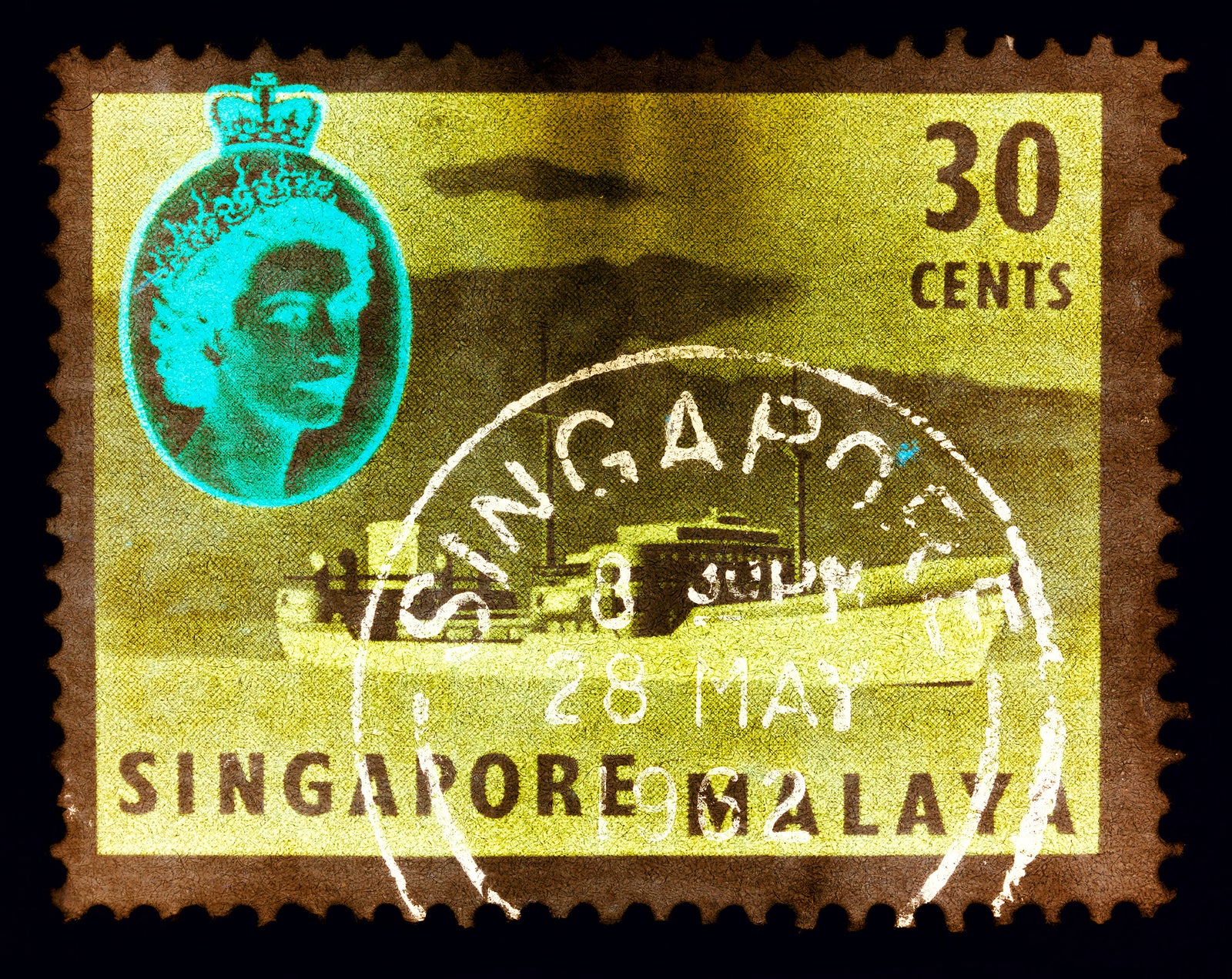 30 cents QEII Oil Tanker (Khaki). These historic postage stamps that make up the Heidler & Heeps Stamp Collection, Singapore Series “Postcards from Afar” have been given a twenty-first century pop art lease of life. The fine detailed tapestry of the original small postage stamp has been brought to life, made unique by the franking stamp and Heidler & Heeps specialist darkroom process.