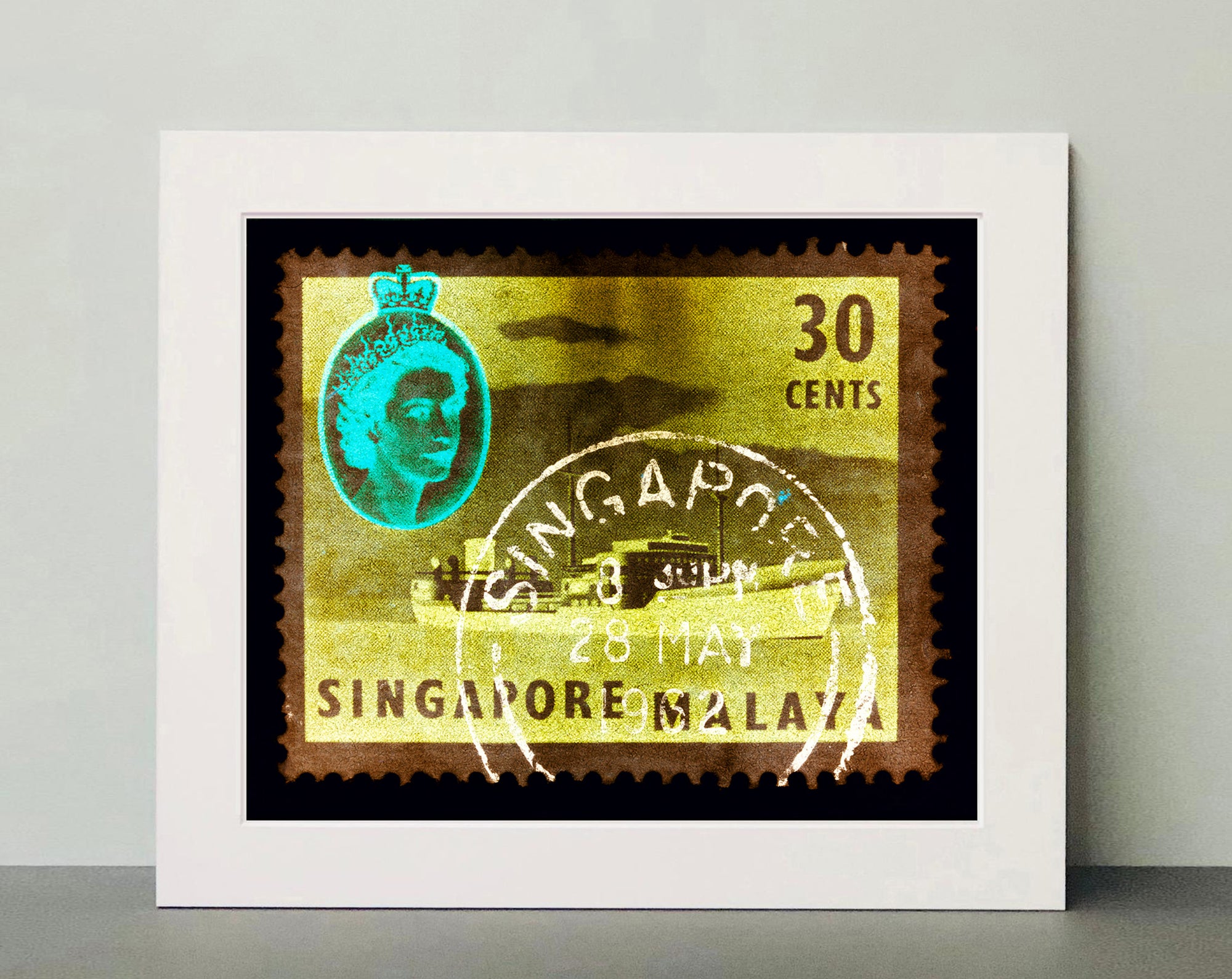30 cents QEII Oil Tanker (Khaki). These historic postage stamps that make up the Heidler & Heeps Stamp Collection, Singapore Series “Postcards from Afar” have been given a twenty-first century pop art lease of life. The fine detailed tapestry of the original small postage stamp has been brought to life, made unique by the franking stamp and Heidler & Heeps specialist darkroom process.