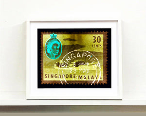 30 cents QEII Oil Tanker (Khaki). These historic postage stamps that make up the Heidler & Heeps Stamp Collection, Singapore Series “Postcards from Afar” have been given a twenty-first century pop art lease of life. The fine detailed tapestry of the original small postage stamp has been brought to life, made unique by the franking stamp and Heidler & Heeps specialist darkroom process.