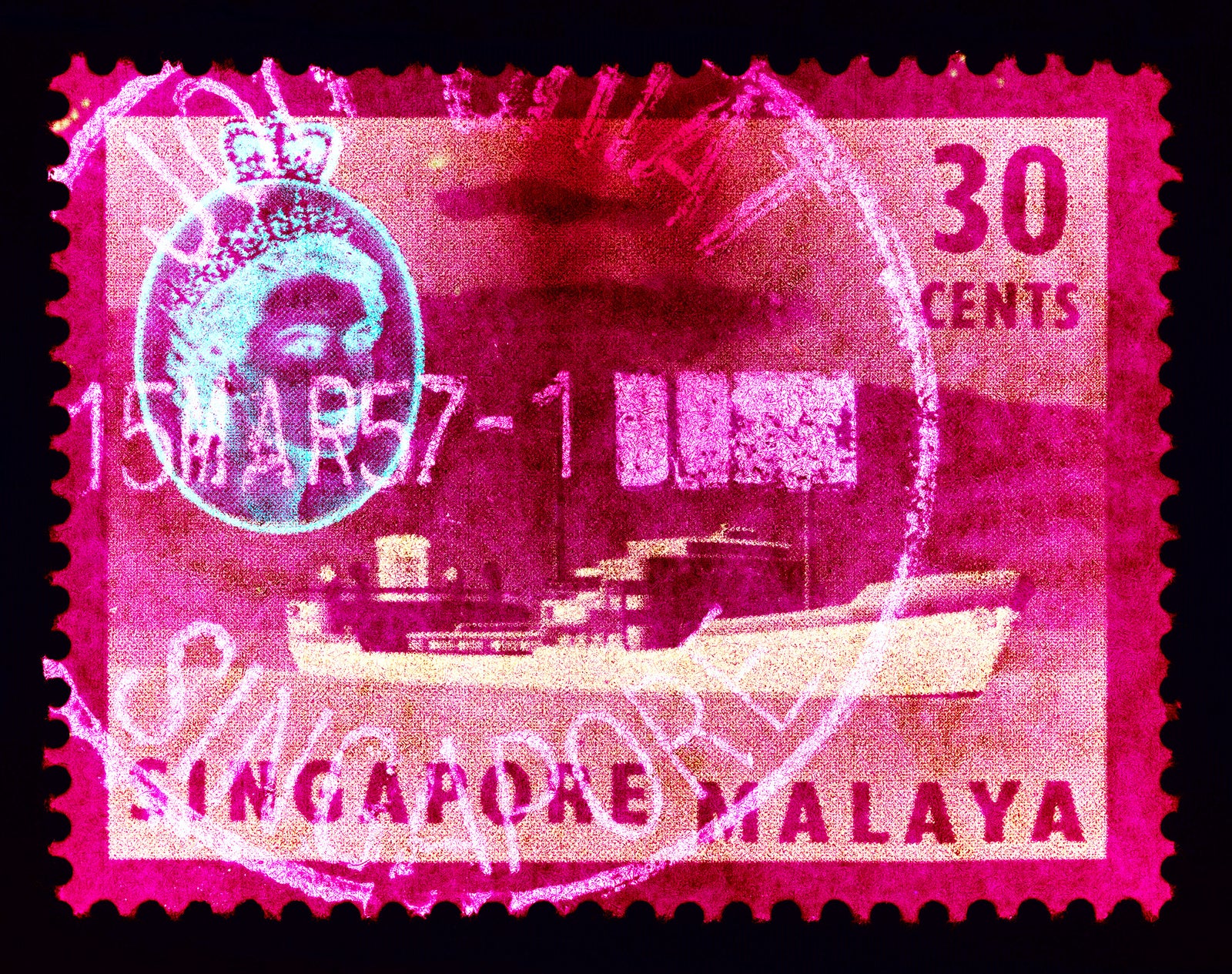 These historic postage stamps that make up the Heidler & Heeps Stamp Collection, Singapore Series 'Postcards from Afar' have been given a twenty-first century pop art lease of life. The fine detailed tapestry of the original small postage stamp has been brought to life, made unique by the franking stamp and Heidler & Heeps specialist darkroom process.